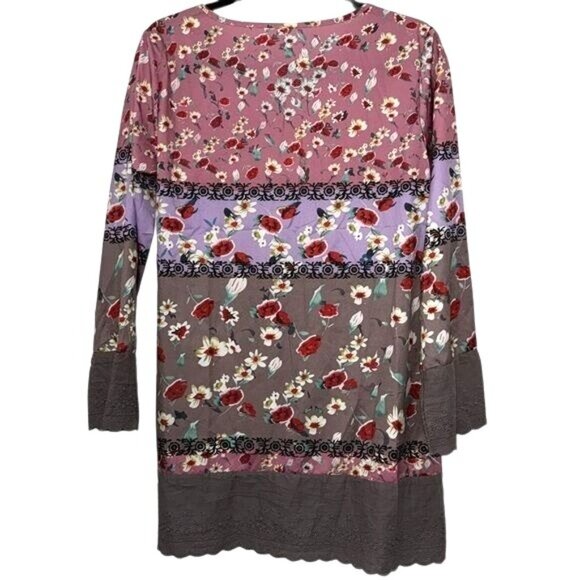 Floral Tunic Top With Buttons Long Sleeve Pink/Gray Boho Style Womens Size L - Picture 2 of 7